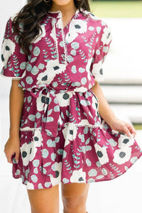 Ronan - Red Floral Print Trimmed Short Puff Sleeve Mini Dress with Tie