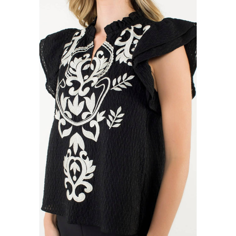 Cassidy-Flutter Sleeve Embroidered Textured Top