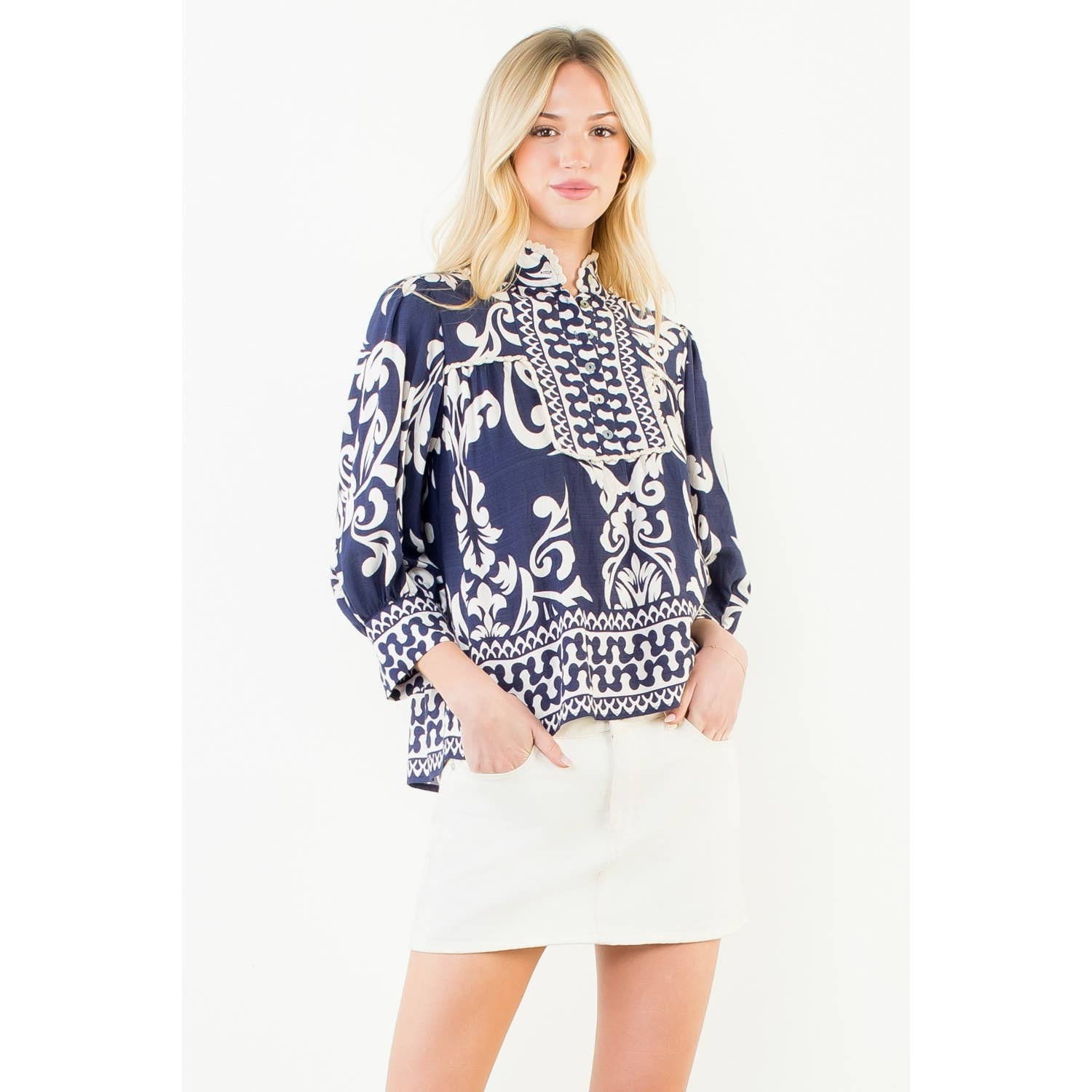 Nicolette - Long Sleeve Lace Trim Print Top