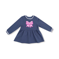 Varsity - Vintage Indigo - Pink Bow French Terry Dress