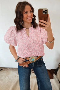 Miley - Apricot Pink Floral Puff Sleeve Blouse