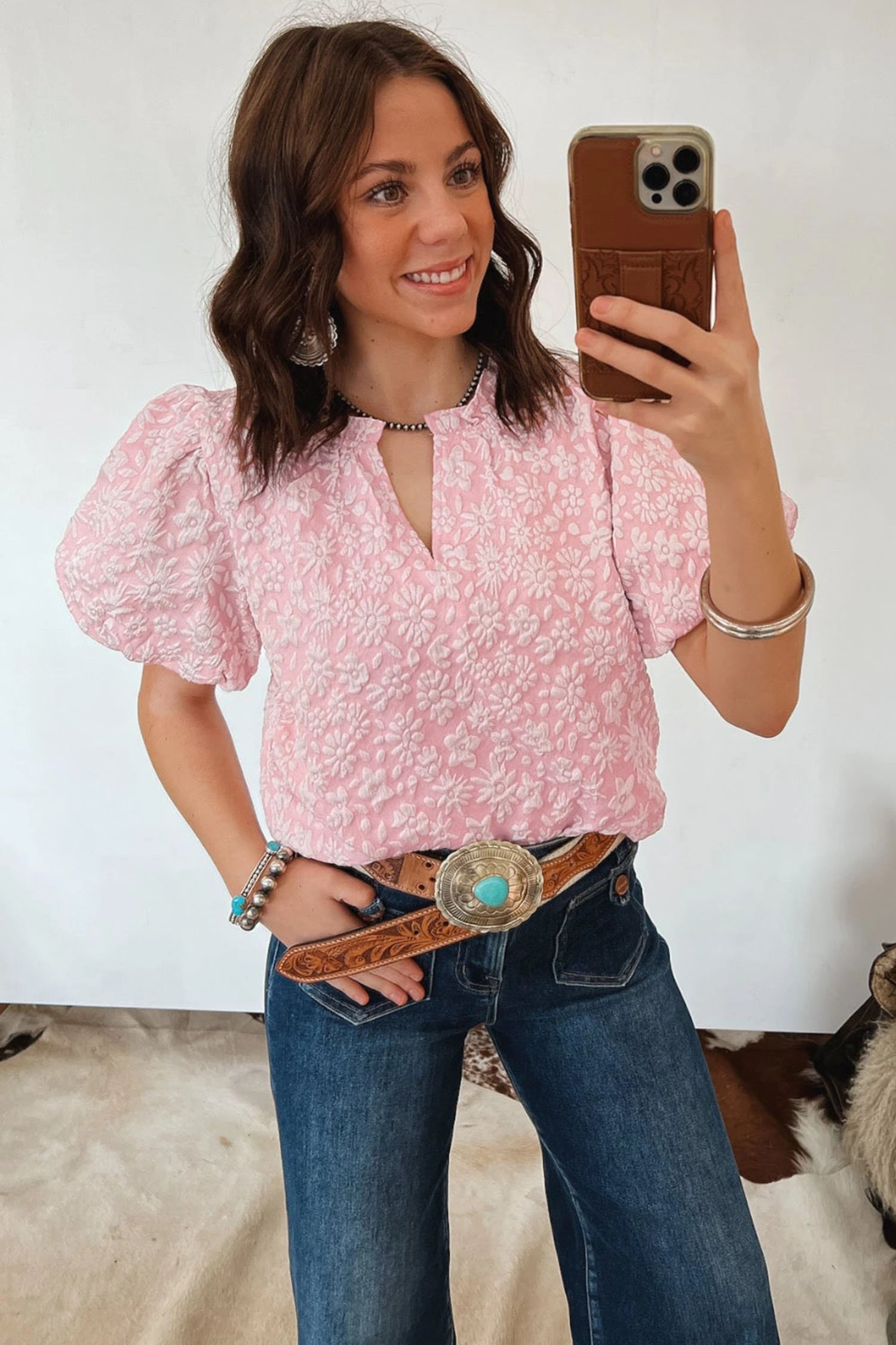 Miley - Apricot Pink Floral Puff Sleeve Blouse