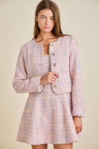 Sloane - Pastel Sequin Braid Detailed Round Neck Tweed Jacket & Mini Dress Set