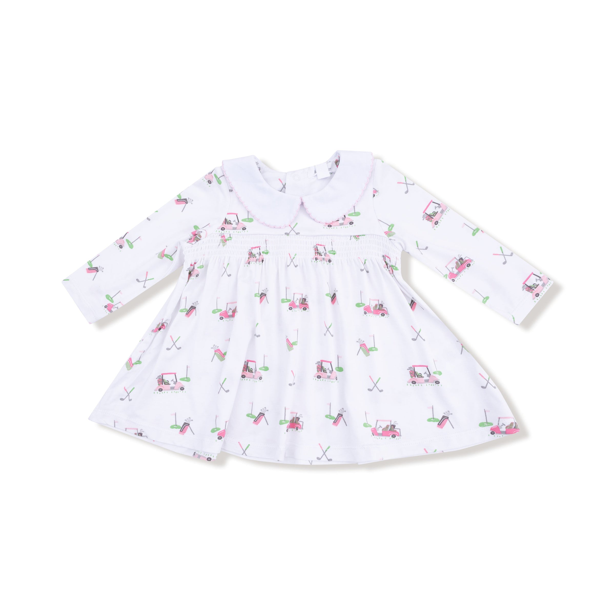 Baby Golf Carts - Pink - Long Sleeve Peter Pan Collar Dress and Bloomer