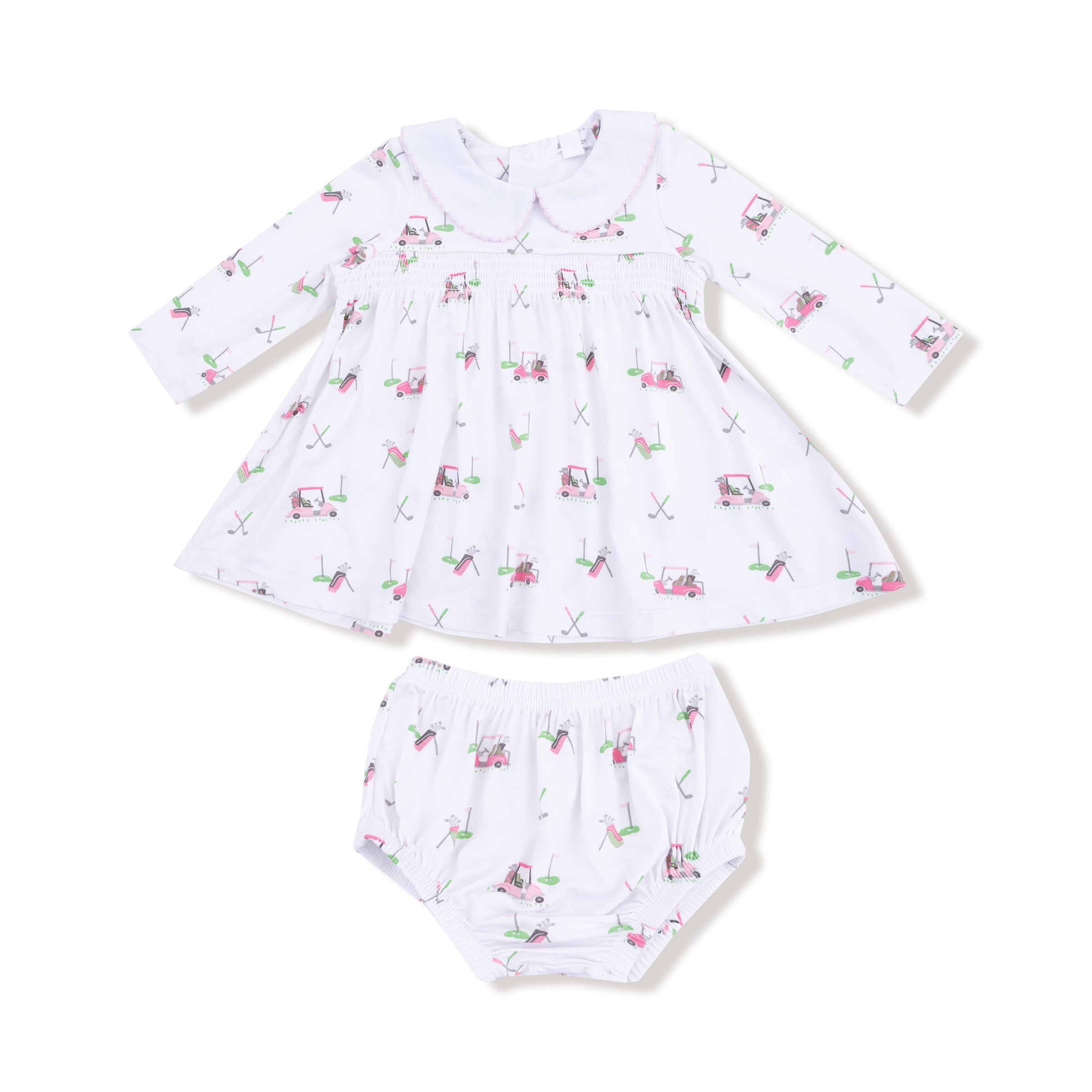 Baby Golf Carts - Pink - Long Sleeve Peter Pan Collar Dress and Bloomer
