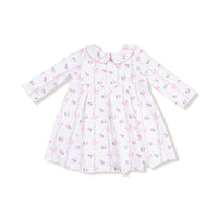 Dainty Buds and Bows Stripe - Long Sleeve Peter Pan Collar Dress with Smocking and Bloomer