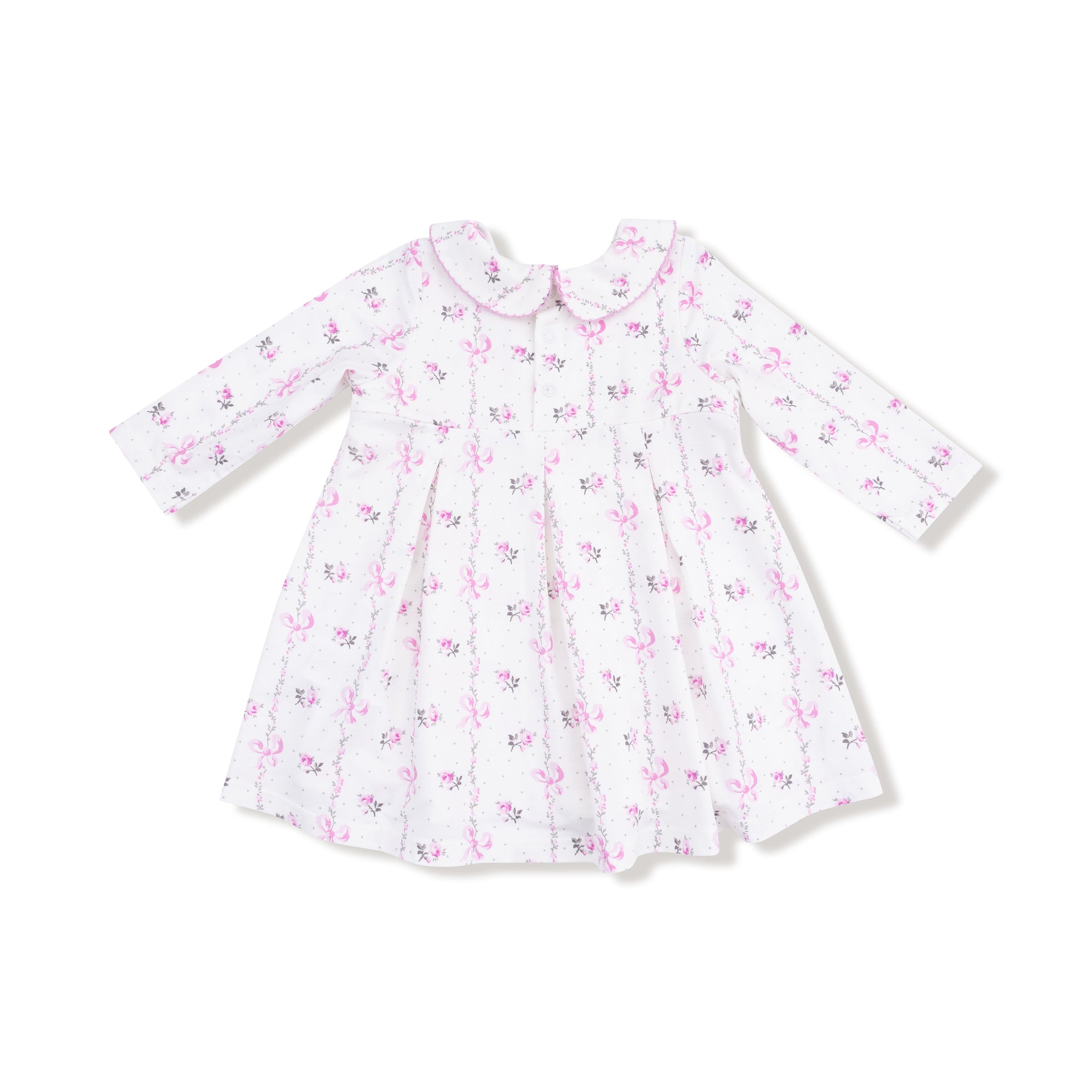 Dainty Buds and Bows Stripe - Long Sleeve Peter Pan Collar Dress with Smocking and Bloomer