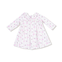 Dainty Buds and Bows Stripe - Long Sleeve Peter Pan Collar Dress with Smocking and Bloomer