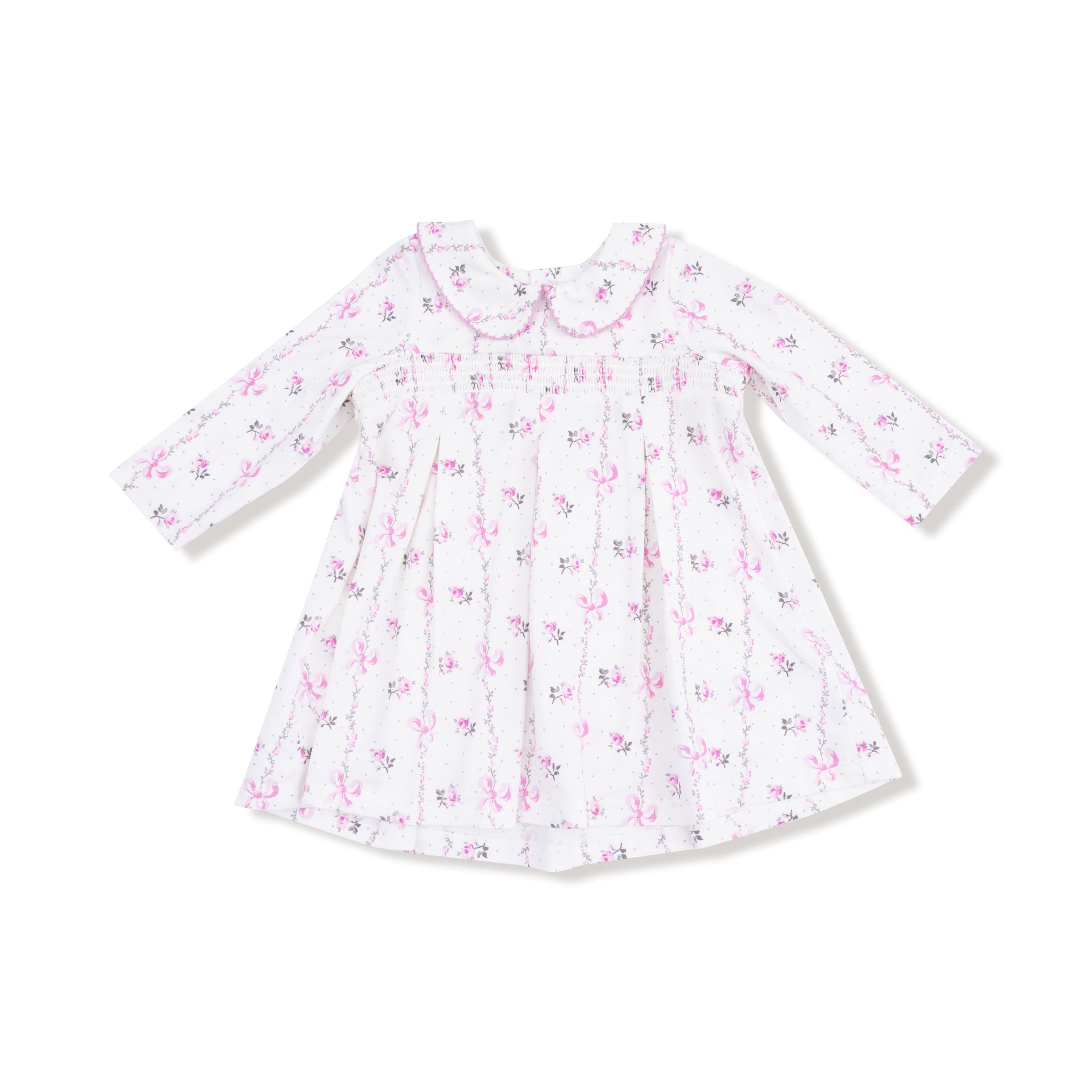 Dainty Buds and Bows Stripe - Long Sleeve Peter Pan Collar Dress with Smocking and Bloomer