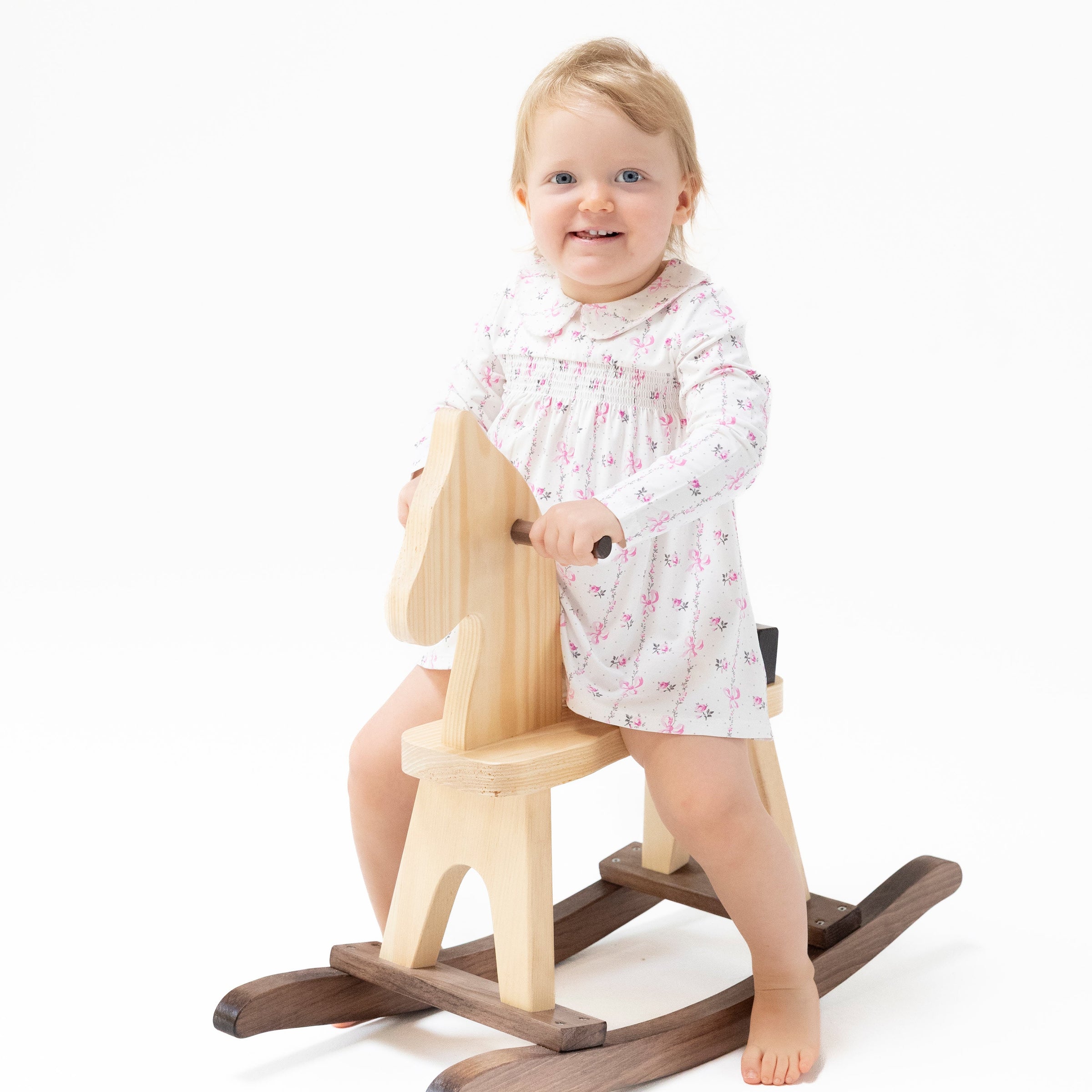 Dainty Buds and Bows Stripe - Long Sleeve Peter Pan Collar Dress with Smocking and Bloomer