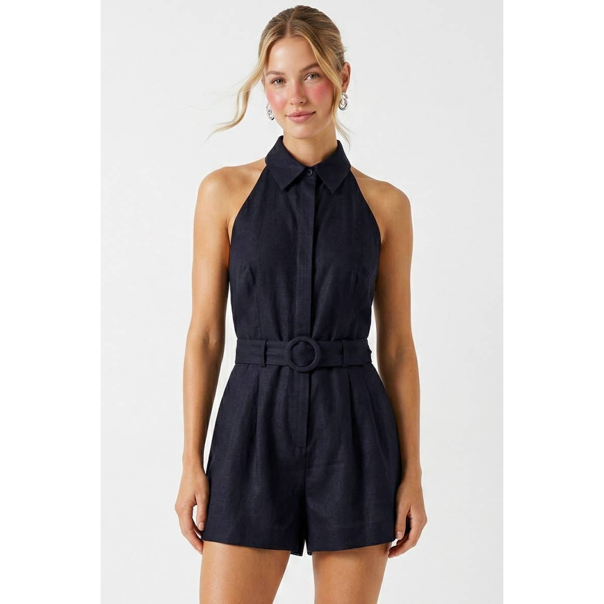 Kara - Belted Linen Halter Romper