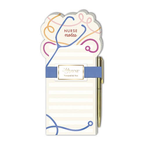 Nurse Notes die-cut notepad with gold pen, 4x8 scalloped pad with blue and pink stethoscope line art on cream stripes