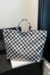 Black Plaid Glossy Waterproof Tote Bag - Large Shoulder Tote for Work, Travel & Everyday