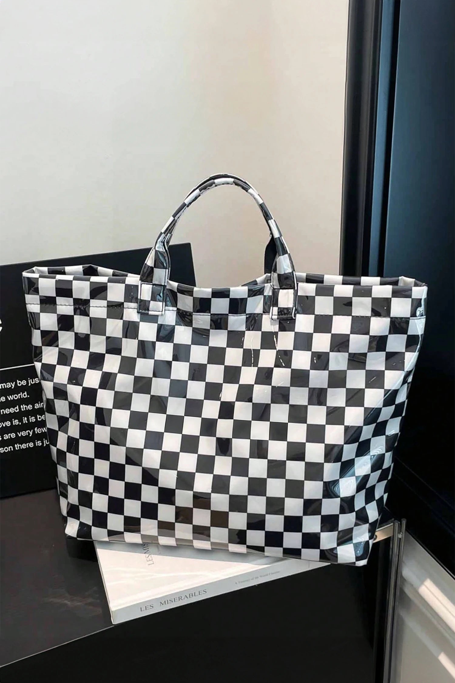 Black Plaid Glossy Waterproof Tote Bag - Large Shoulder Tote for Work, Travel & Everyday