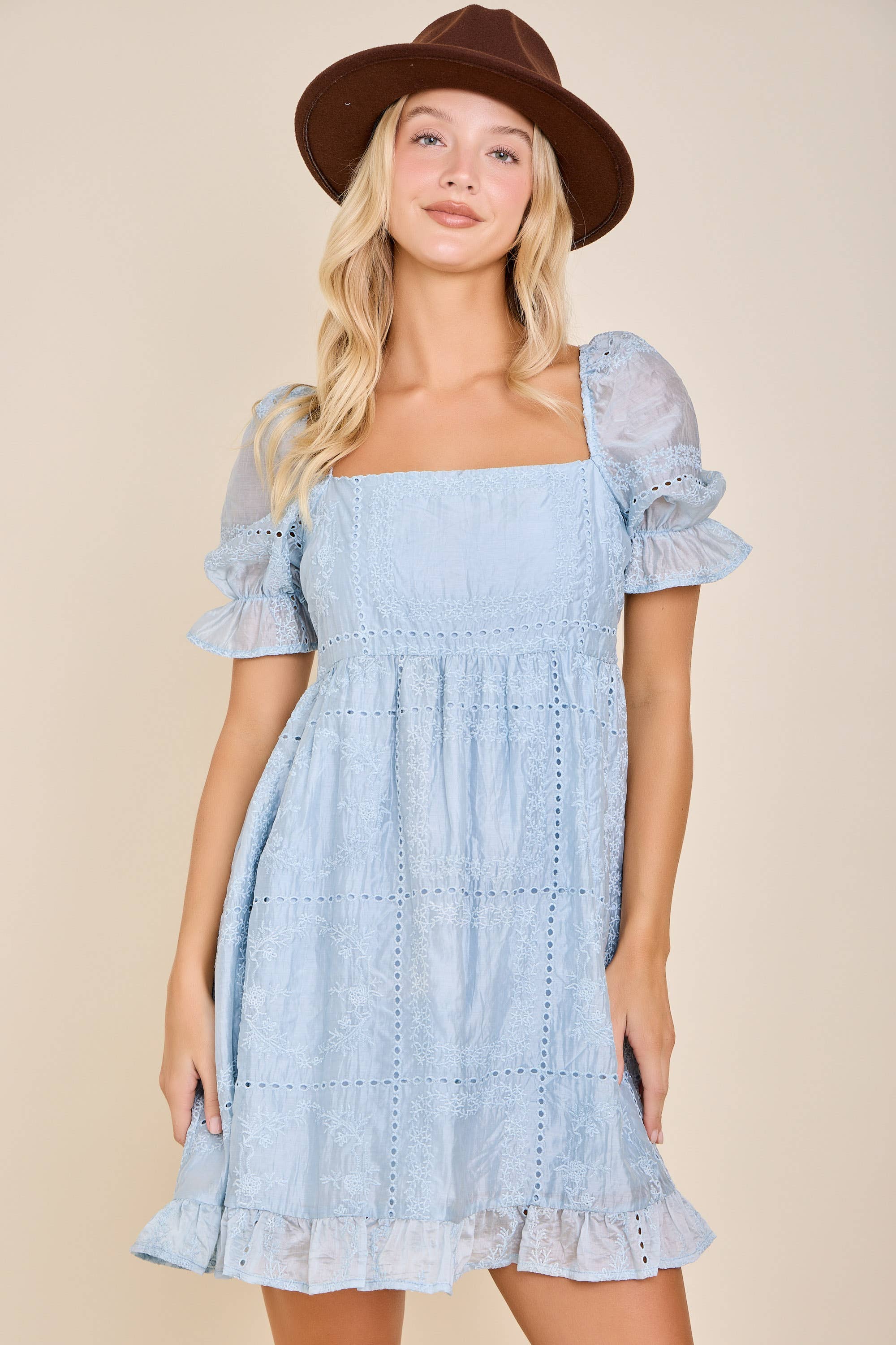 Rylee Eyelet Embroidered Puff Sleeve Babydoll Dress