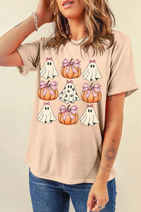 Khaki Ghost Pumpkin Tee – Bow Graphic Halloween T-Shirt, Women's Cozy Fall Short Sleeve Top
