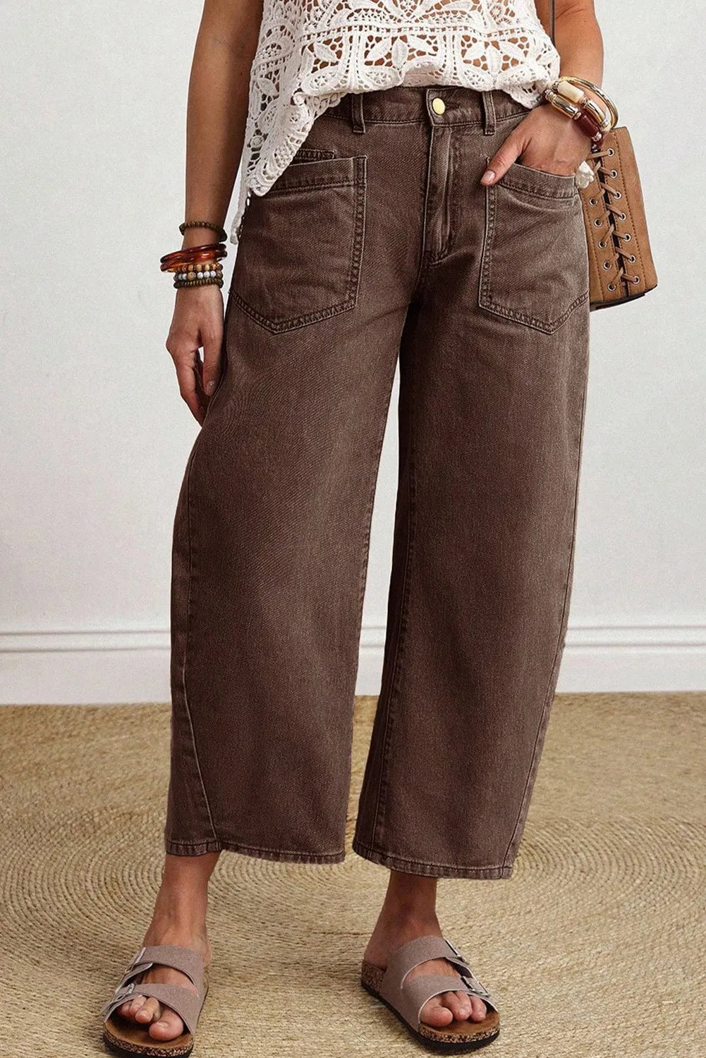 Miranda - Coffee Solid Color Square Patch Pocket Ankle-length Barrel Jeans