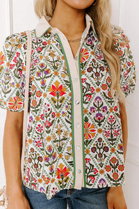 Elane - Green Short Bubble Sleeve Floral Shirt