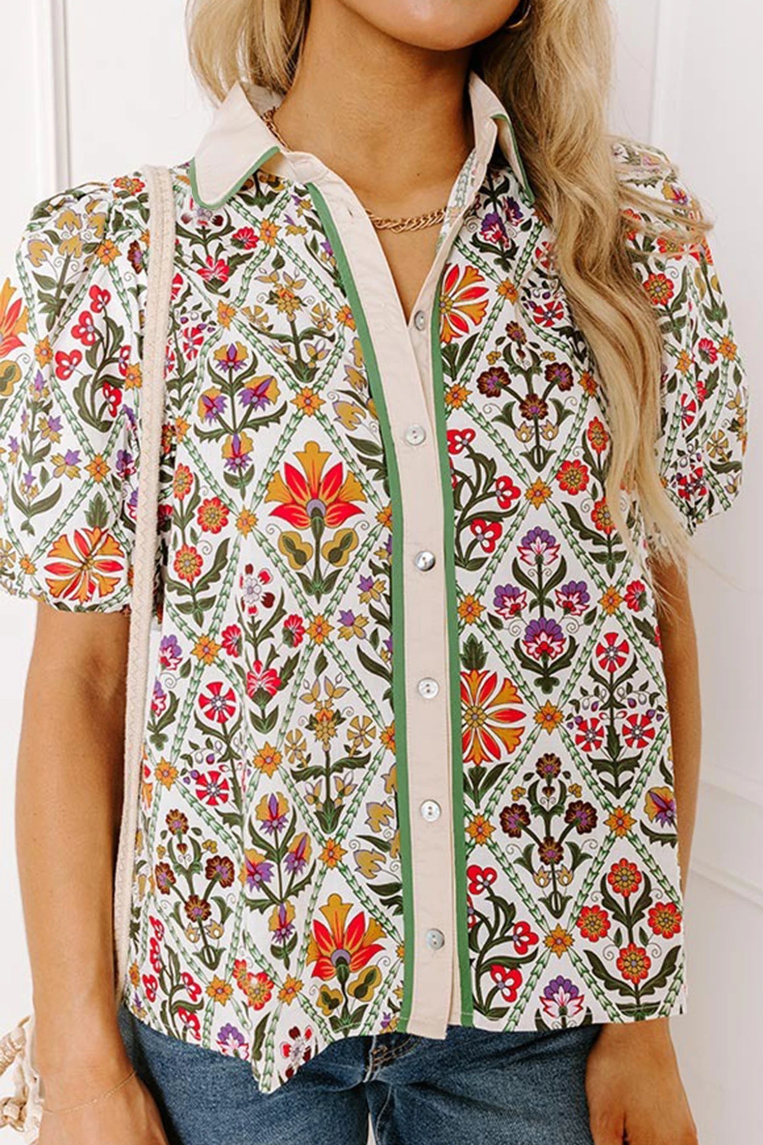 Elane - Green Short Bubble Sleeve Floral Shirt