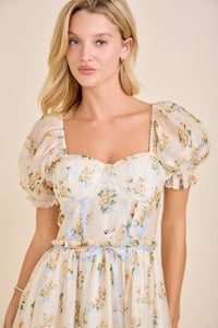 Cassy Floral print colorblock midi dress with puff short sleeves