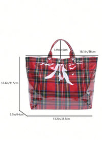 Red Plaid Glossy Waterproof Tote Bag - Large Shoulder Tote for Work, Travel & Holiday