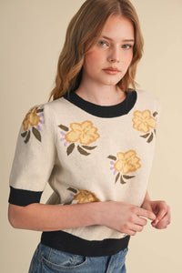 SAVANNA - FLORAL KNIT SHORT SLEEVE SWEATER