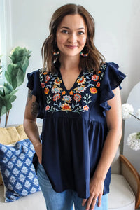 Zoey - Navy Blue Floral Embroidered Blouse