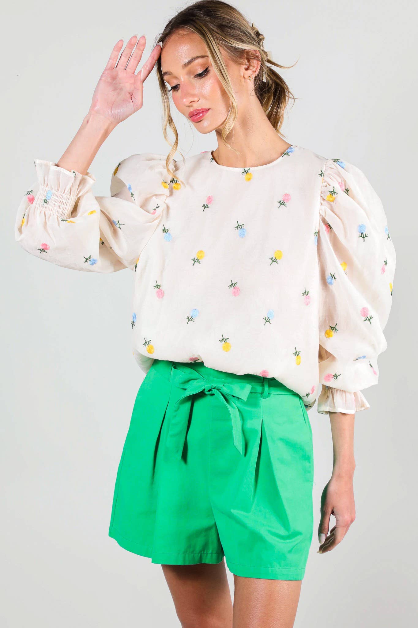 Madison - Floral Embroidered Long Puff Organza Blouse Top