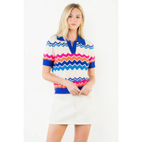 Tracey - Short Sleeve Collared Zigzag Knit Top