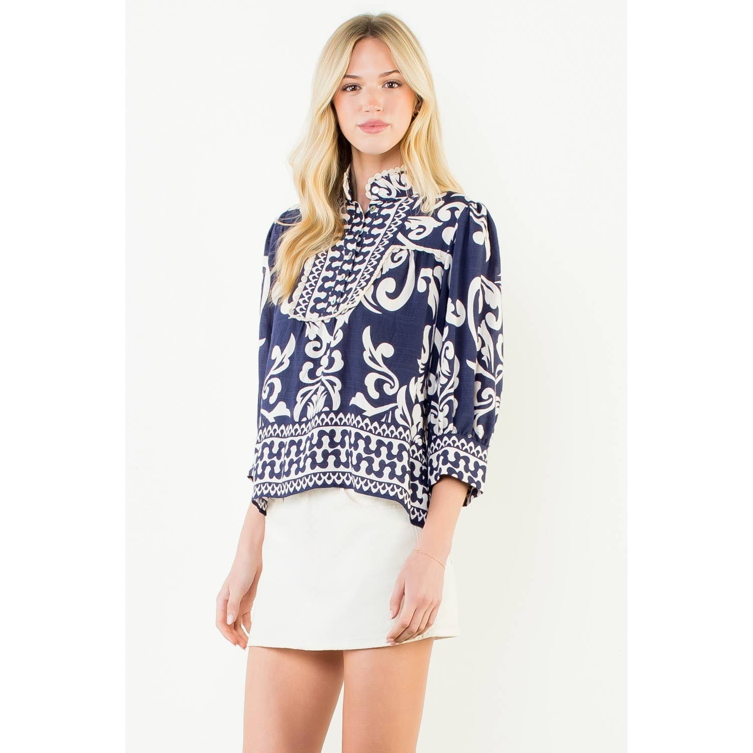 Nicolette - Long Sleeve Lace Trim Print Top