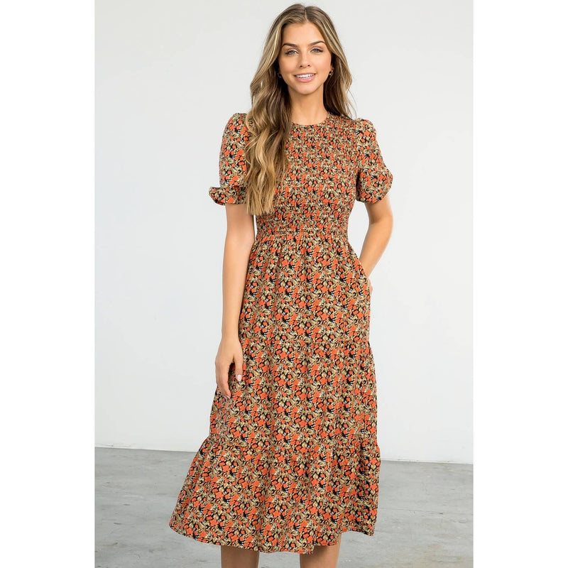 Agnes-Smocked Floral Print Midi Dress