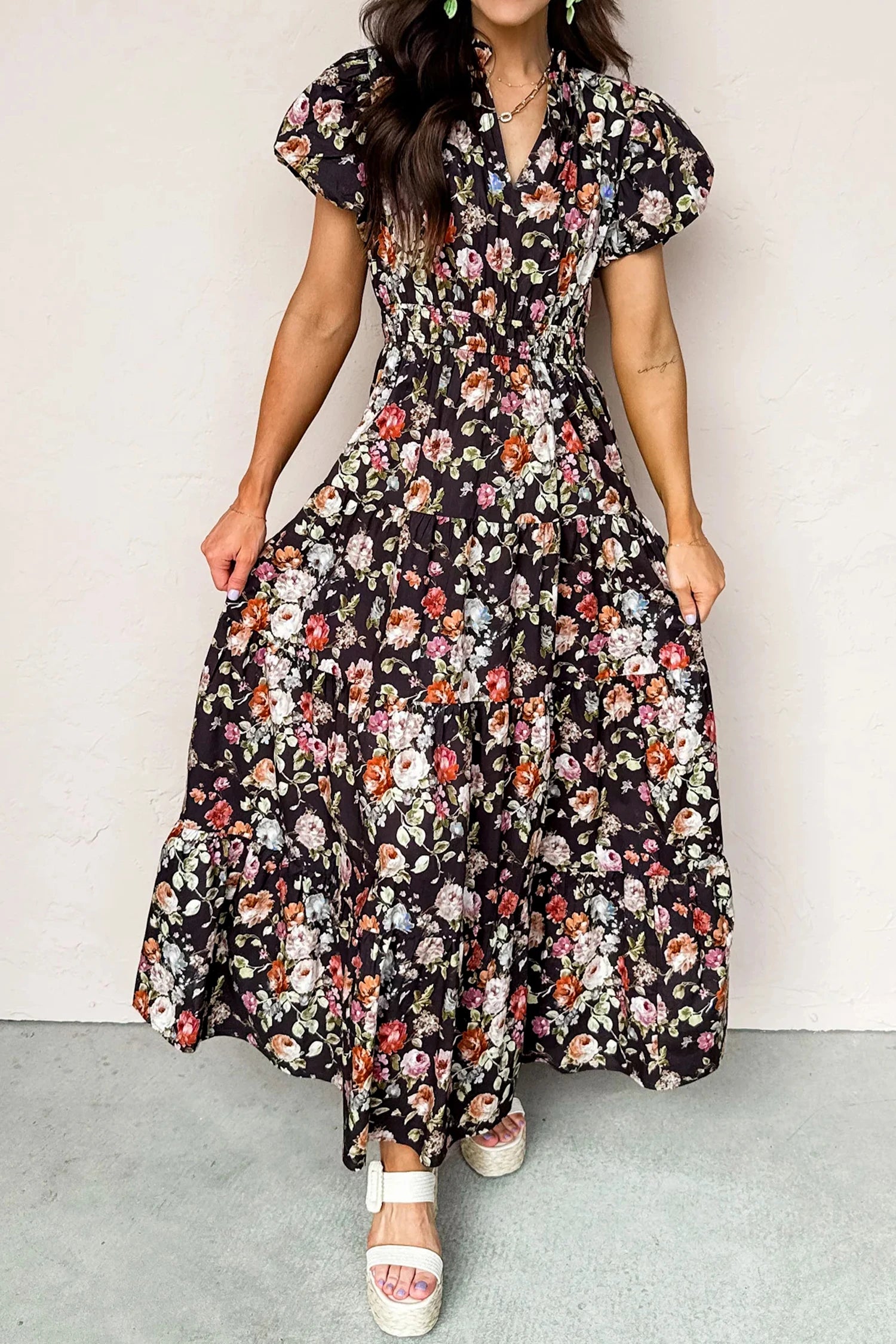 Sally- Black Floral Tiered Maxi Dress
