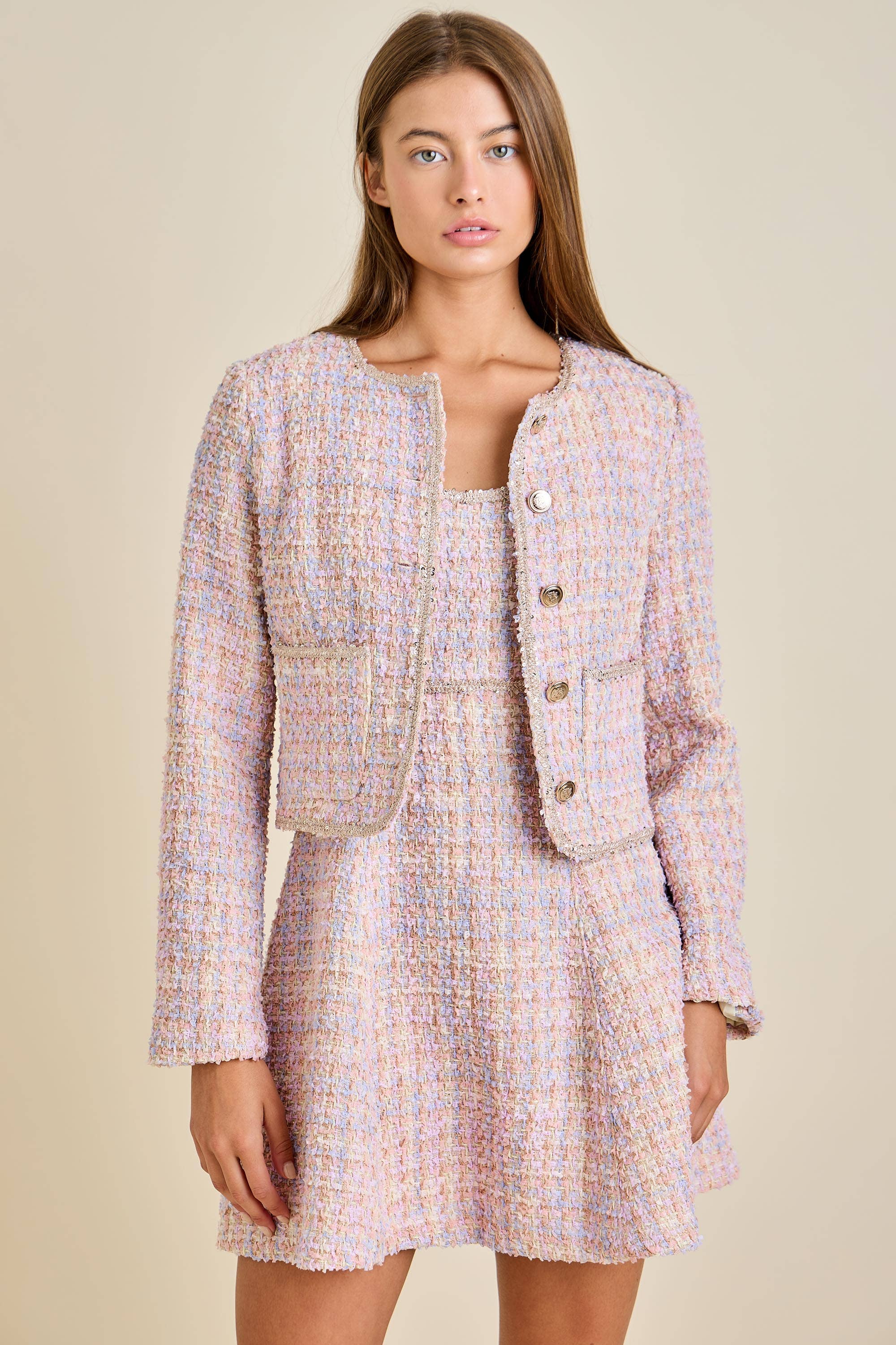 Sloane - Pastel Sequin Braid Detailed Round Neck Tweed Jacket & Mini Dress Set