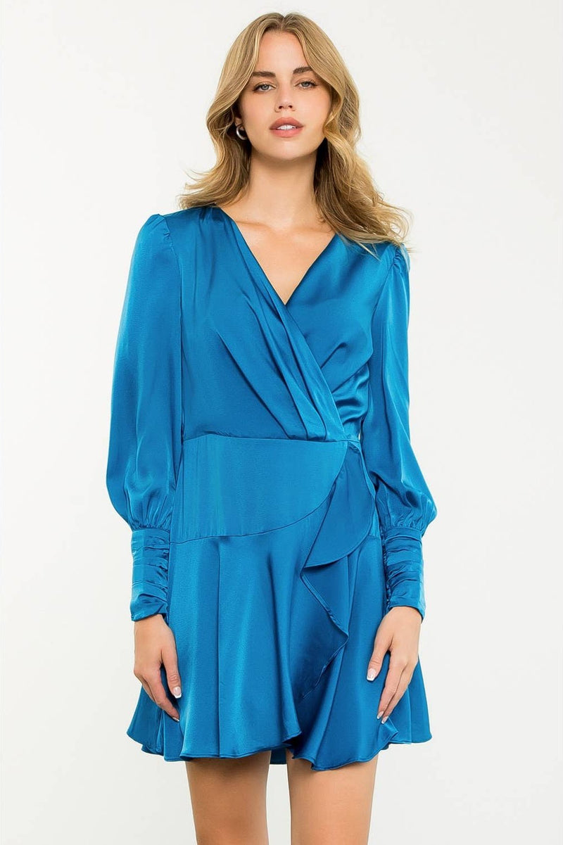 Blue Long Sleeve Flutter Dress