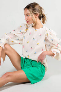 Madison - Floral Embroidered Long Puff Organza Blouse Top