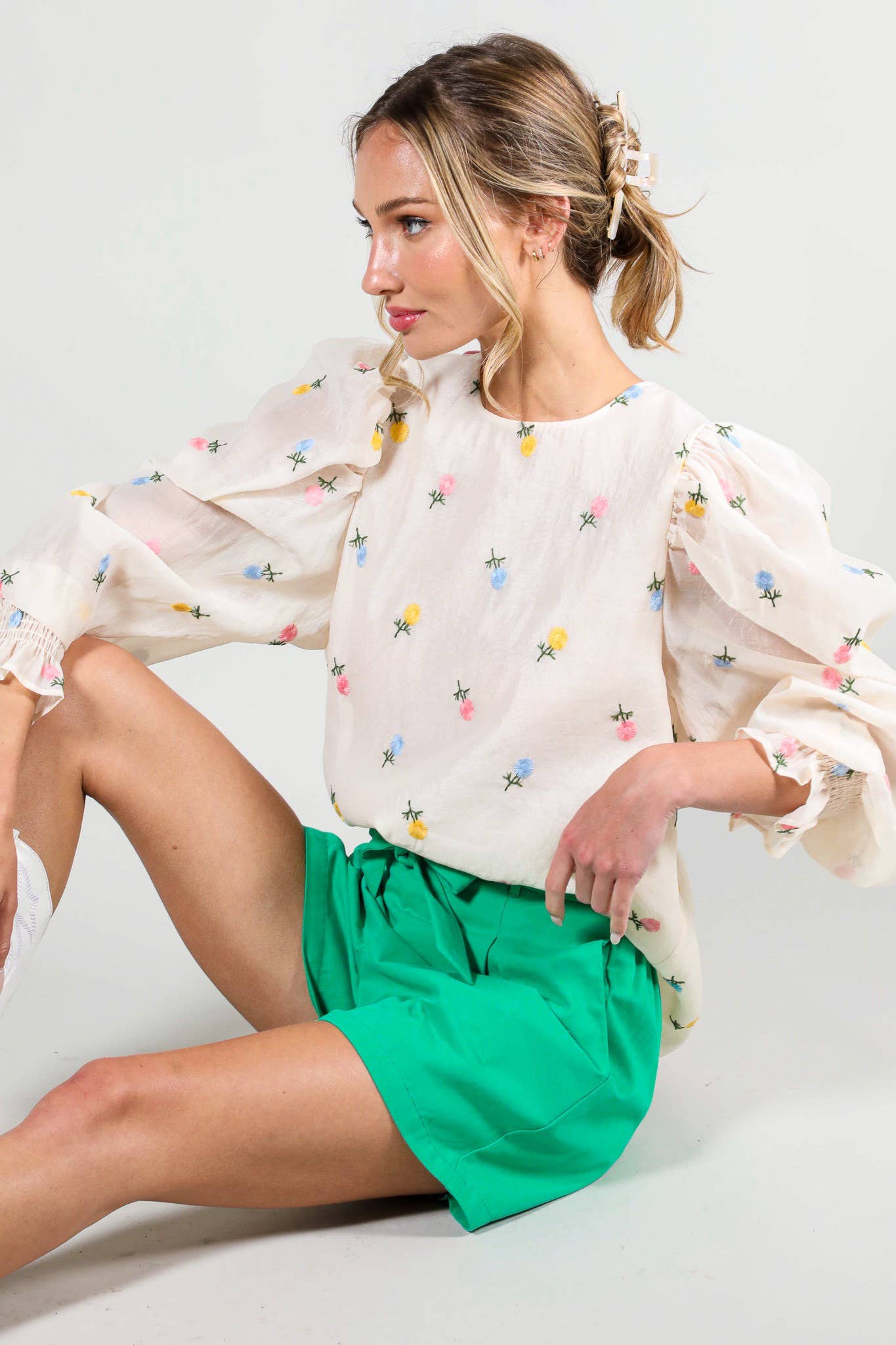 Madison - Floral Embroidered Long Puff Organza Blouse Top