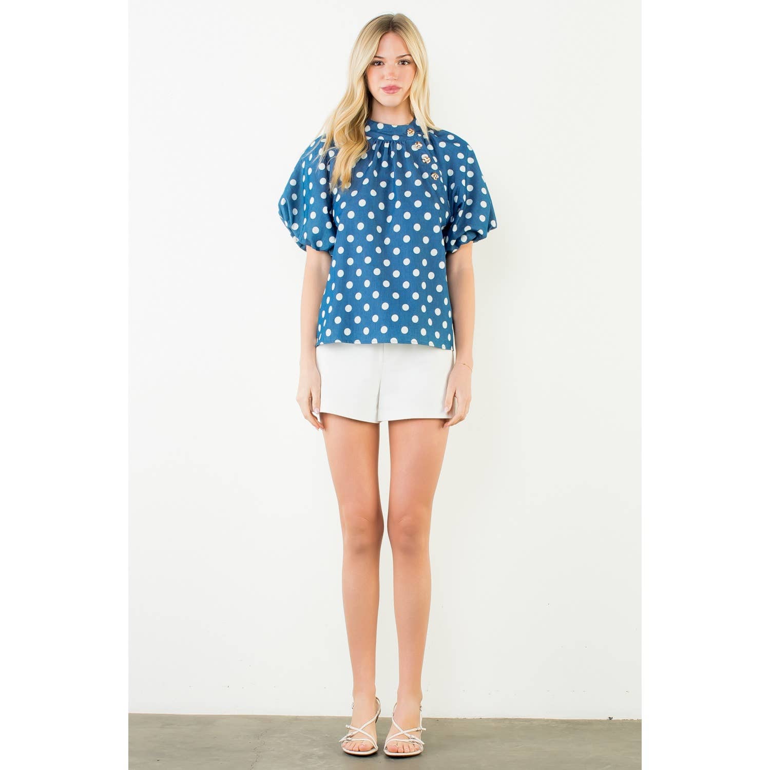 Marla- Puff Sleeve Polka Dot Mock Neck Top
