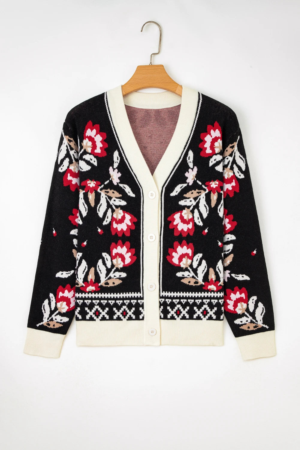 Black Floral Cardigan – Button Front V-Neck Knit Layering Top, Women's Floral Print Cardigan