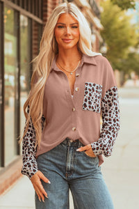 MARCIE - Leopard Patchwork Western Shacket – Dark Khaki Twisted Ribbed Shirt, Casual Women's Outerwear