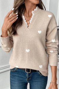 Gail - Khaki Heart Print Lace V-Neck Sweater
