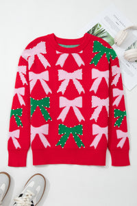Fiery Red Christmas Sweater – Fuzzy Bow Pearl Embellished Holiday Sweater, Women's Festive Knit Top