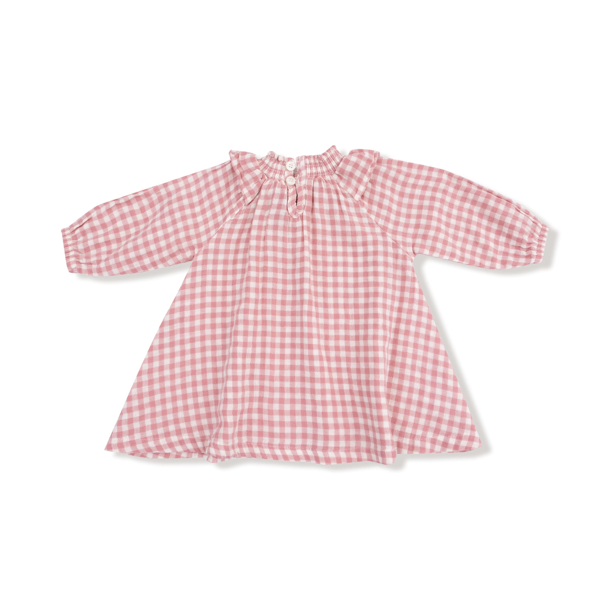 Rose Pink Plaid - Long Sleeve Ruffle Smocked Neck Dress + Diaper Cover
