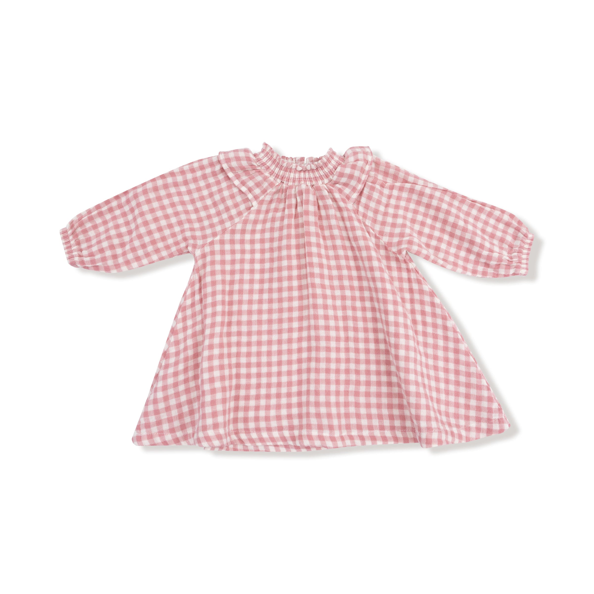 Rose Pink Plaid - Long Sleeve Ruffle Smocked Neck Dress + Diaper Cover