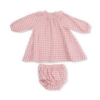 Rose Pink Plaid - Long Sleeve Ruffle Smocked Neck Dress + Diaper Cover