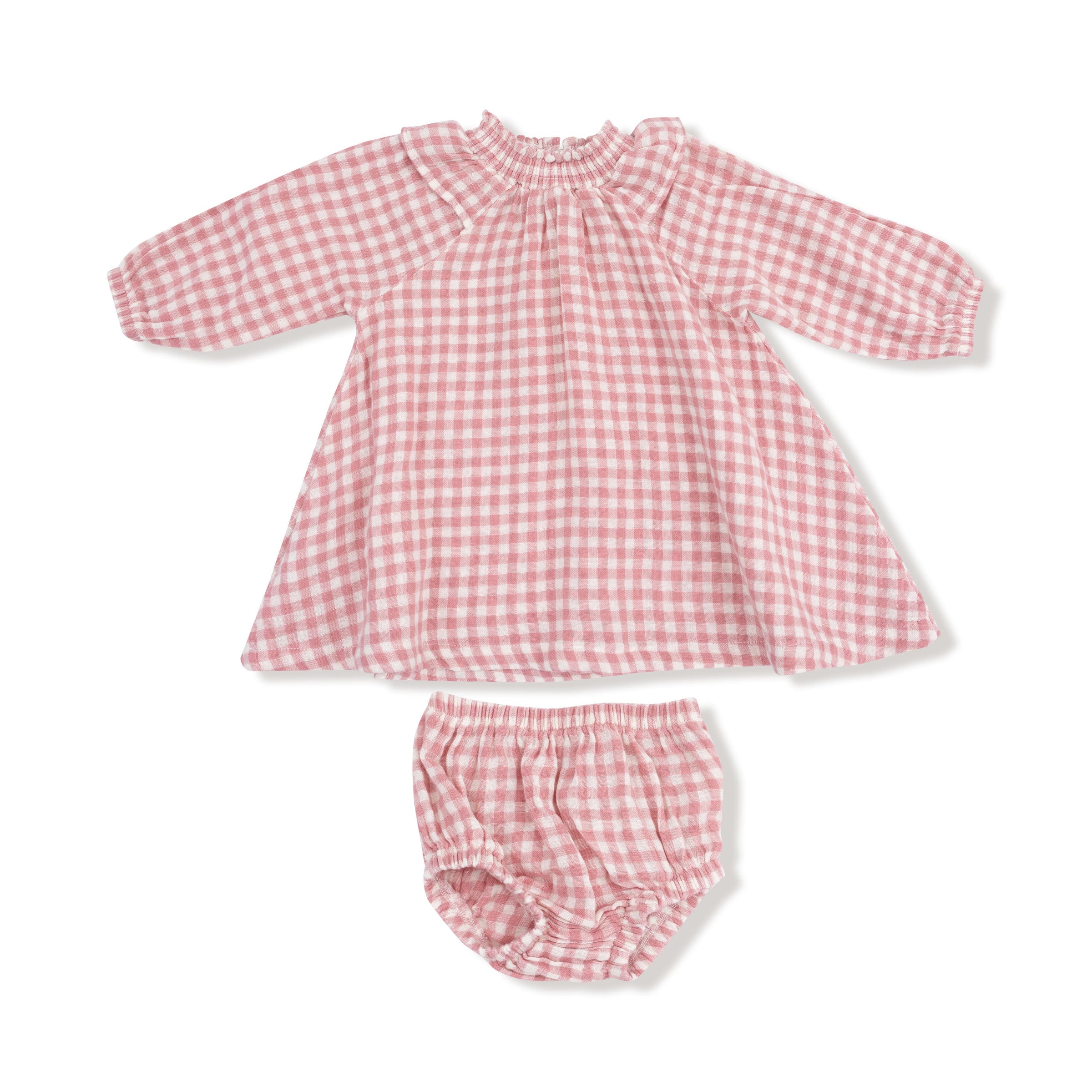 Rose Pink Plaid - Long Sleeve Ruffle Smocked Neck Dress + Diaper Cover