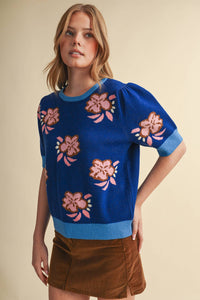 SAVANNA - FLORAL KNIT SHORT SLEEVE SWEATER