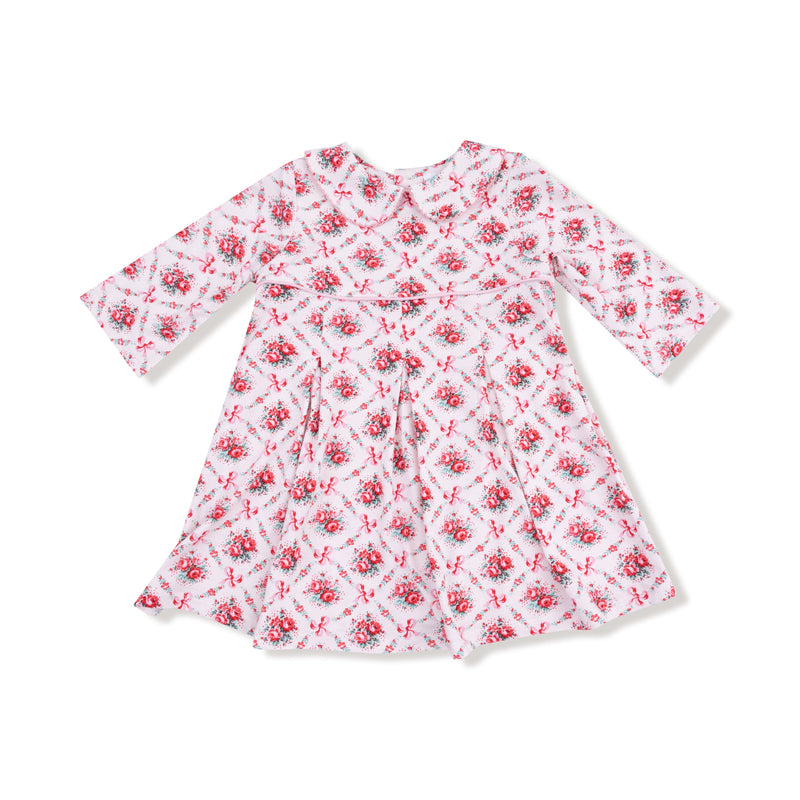 Rose Bow Lattice - Box Pleat Dress with 3/4 Sleeve + Peter Pan Collar & Diaper Cover