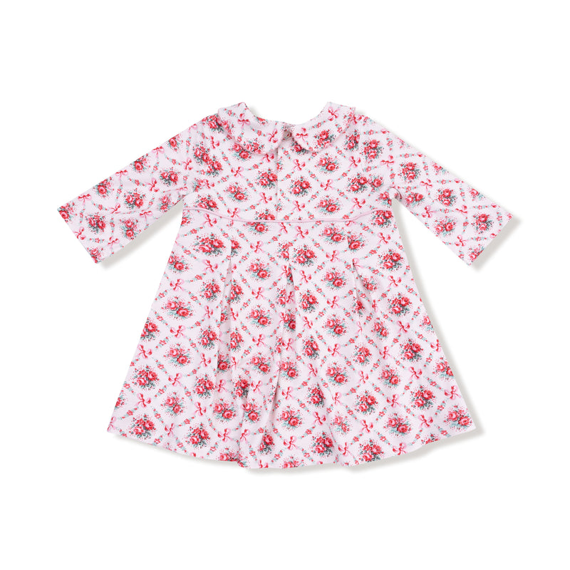 Rose Bow Lattice - Box Pleat Dress with 3/4 Sleeve + Peter Pan Collar & Diaper Cover