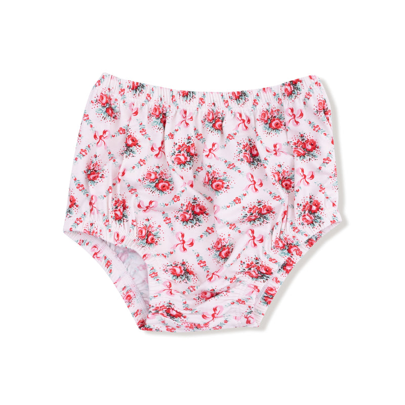 Rose Bow Lattice - Box Pleat Dress with 3/4 Sleeve + Peter Pan Collar & Diaper Cover