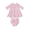 Rose Bow Lattice - Box Pleat Dress with 3/4 Sleeve + Peter Pan Collar & Diaper Cover